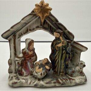 Vtg Small MCM Nativity(Manger) Scene glaze Mary Joseph Baby Jesus Lamb Pottery